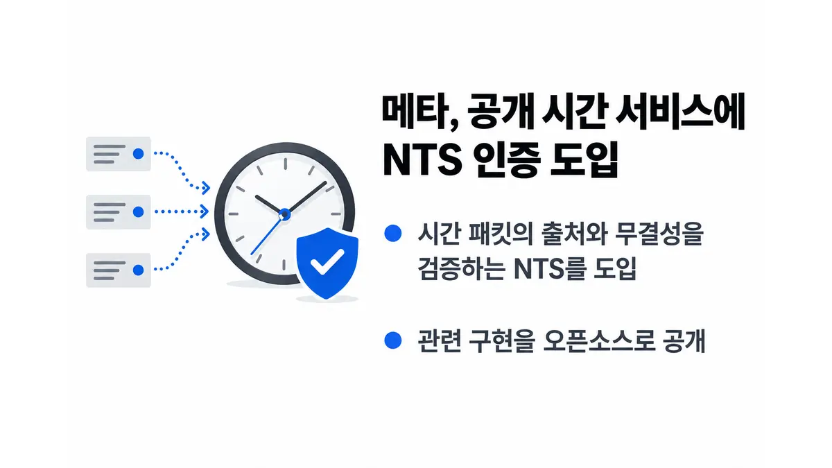메타, 공개 시간 서비스에 NTS 인증 도입 — 기사 주제를 표현한 AI 생성 개념 삽화